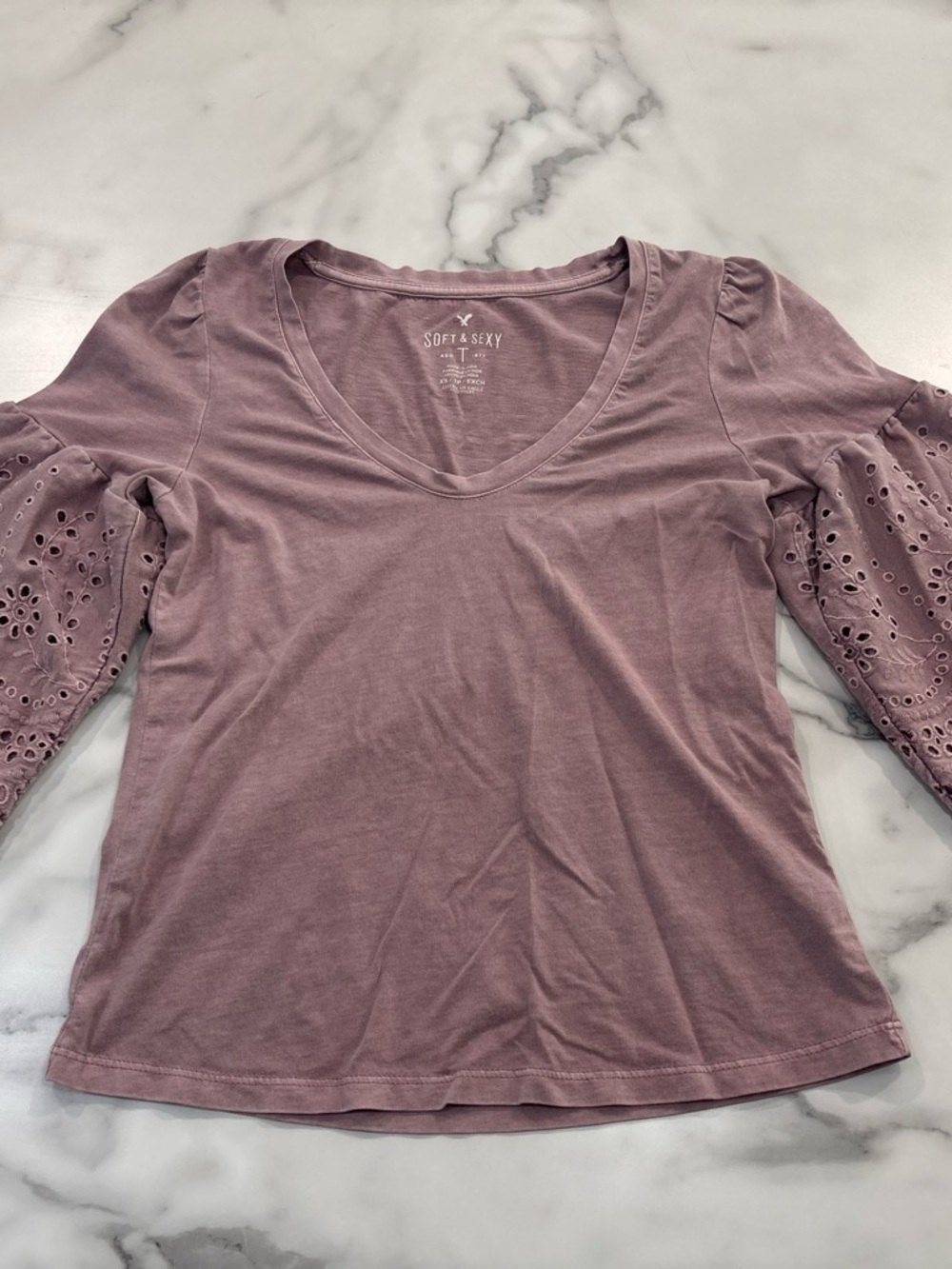 Hollister Mauve Eyelet Long Sleeve V-Neck Top